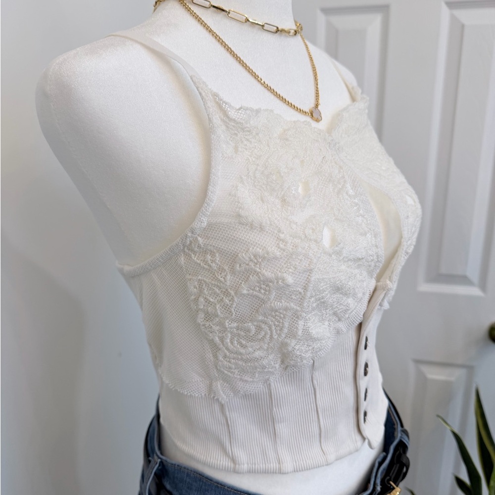 Free People Have My Heart Cropped Lace Tank Ivory Boho Crop Top XS/S - Picture 5 of 16